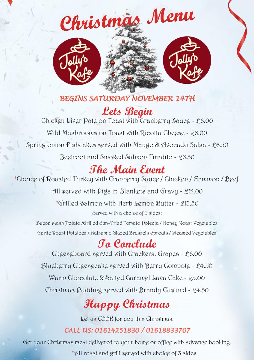 jollyskafe's tweet photo. We’ve started the festive season early with our new Christmas menu. Call us direct for pick-up or via Deliveroo or Uber for delivery. We offer a 10% discount for NHS staff. #eatlocal #festivevibes #newmenu #timperley #supportingnhs #welovesprouts #pigsinblankets🐷 #hohoho🎅 https://t.co/HPEq5jhUna