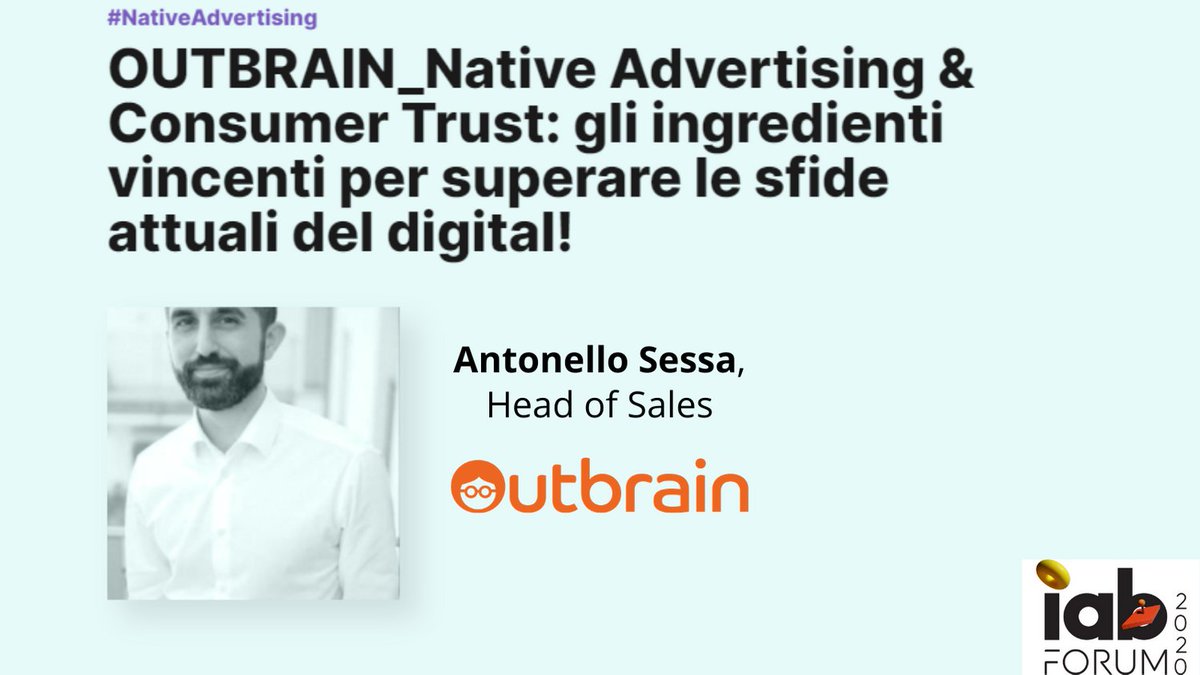 Tutti pronti per il workshop di <a href="/AntonelloSessa/">Antonello Sessa</a>, Head of Sales of <a href="/OutbrainIT/">OutbrainIT</a>
Iniziamo alle 15:15!
#IABForum #IABForum2020 #WelcomeToMetaverse <a href="/IABItalia/">IAB Italia</a>