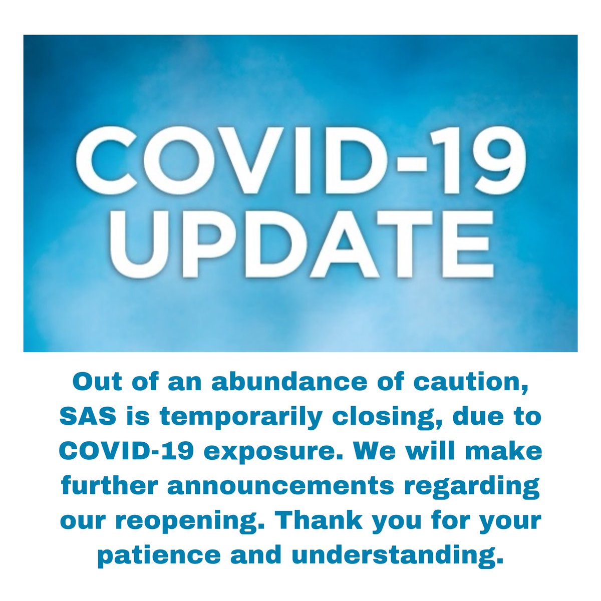 sbyartspace's tweet photo. Out of an abundance of caution, SAS is temporarily closing, due to COVID-19 exposure. We will make further announcements regarding our reopening. Thank you for your patience and understanding. https://t.co/modjXV7Ouw