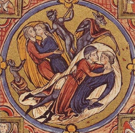 Compare to this more well-known image, again with two same-sex couples and assorted devils. Again, embracing. Hands around the neck or cupping the chin (a common sexual symbol). One kiss. (Bible moralisée; MS Codex Vindobonensis 2554, Österreichische Nationalbibliothek).