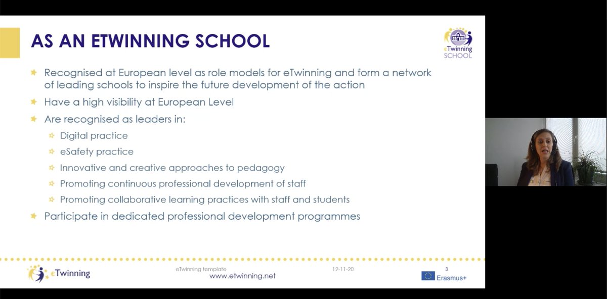 etwinningbefr's tweet photo. "Being awarded the eTwinning School label is not only the recognition of your school but also the beginning of a developmental journey" according to @eirpateraki's keynote speech at the #eTwSchools online conference. https://t.co/T4vPSzx53m