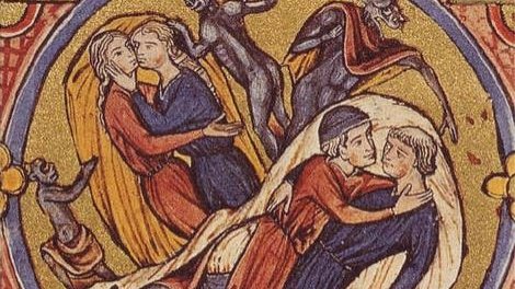 These details matter, I think, because so often embraces, kisses, and touching between same-sex figures in medieval art is dismissed as homosocial. But that is how queer desire WAS PORTRAYED. The dudes here are sort of lying down, but that's the closest to a sexual act.