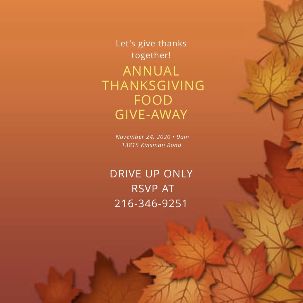 Be sure to save the date for our annual Thanksgiving Food Give away set for Tuesday November 24th from 9am until 4pm!This will be a DRIVE UP ONLY and is open to all residents! #WearAMask #WashYourHands 🤗