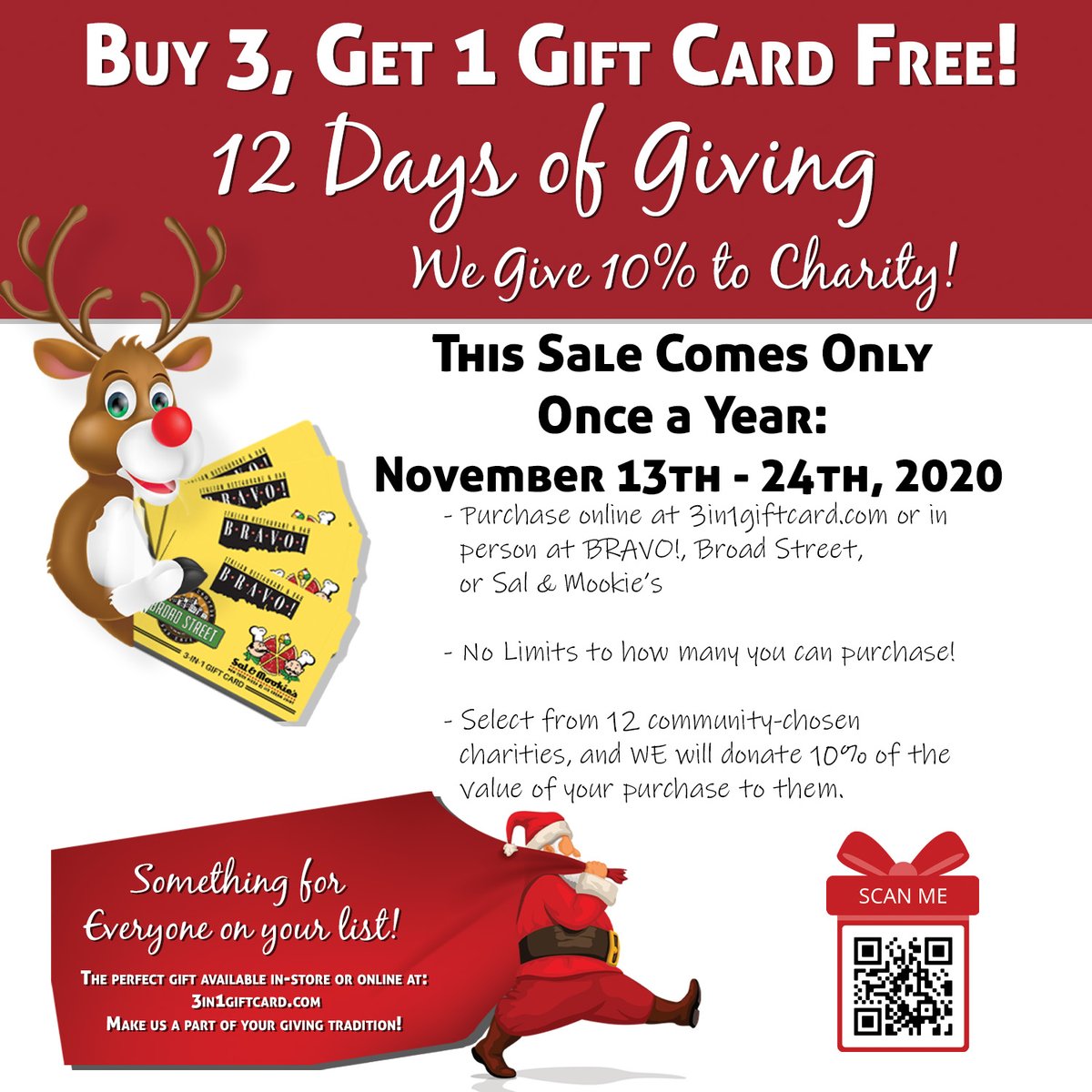 The wait is almost over! Tomorrow our Annual 12 Days of Giving gift card sale starts! Buy (3) 3-in-1 gift cards and get (1) FREE! Plus, 10% of your purchase will go to a charity of your choice! 
3in1giftcard.com
#12DaysofGiving #MangiaBeneGiftCardSale #Buy3Get1FREE