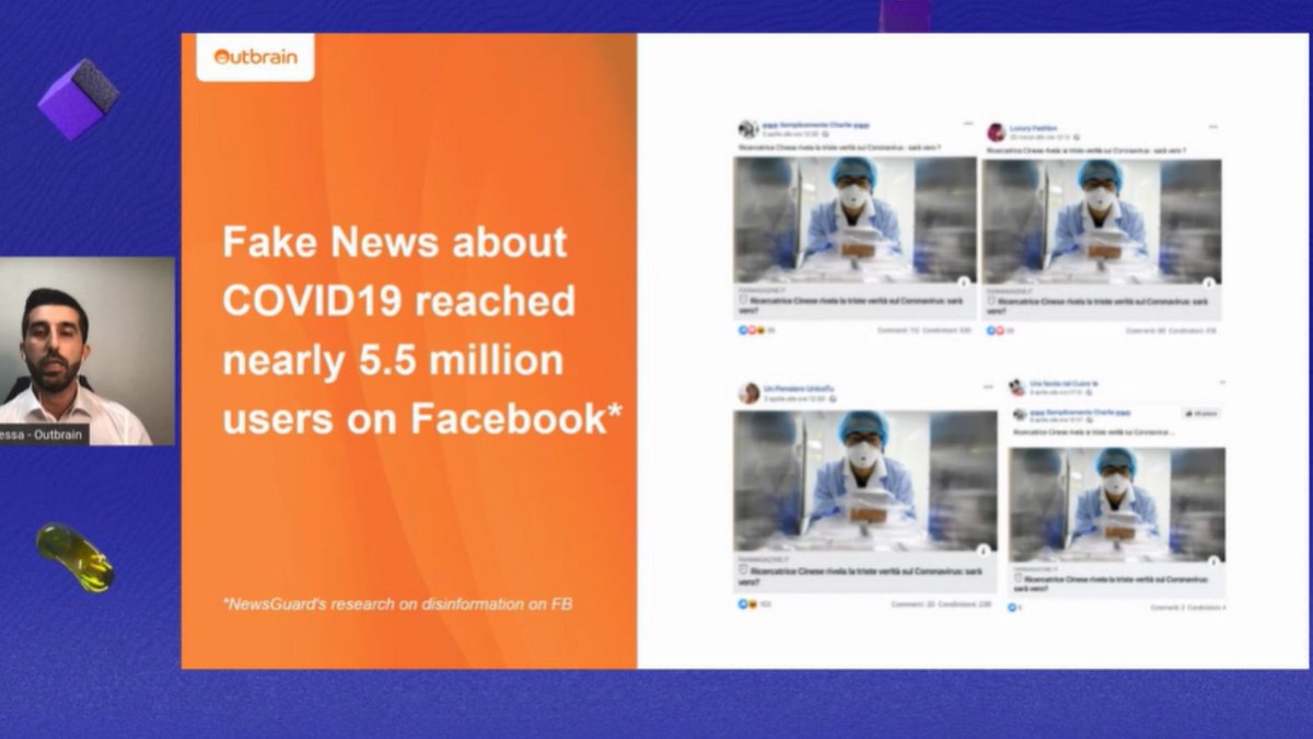 Le fake news relative al Covid-19 hanno raggiunto circa 5.5 milioni di utenti su Facebook
Dati riportati durante il workshop di <a href="/OutbrainIT/">OutbrainIT</a>
#IABForum #IABForum2020 #WelcomeToMetaverse <a href="/IABItalia/">IAB Italia</a>