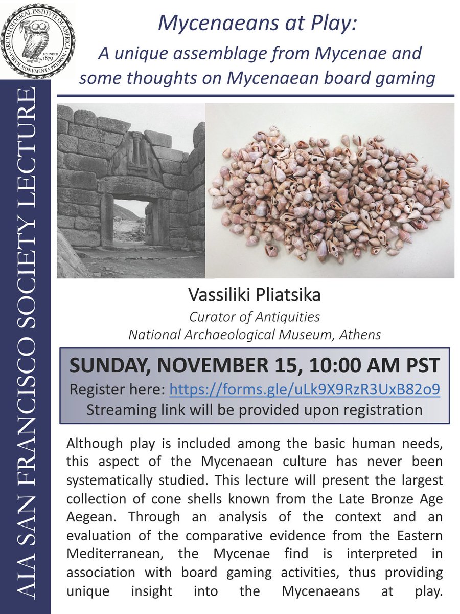 Join us for an <a href="/archaeology_aia/">AIA</a> lecture by Dr. Vassiliki Pliatsika, Curator of Antiquities at <a href="/museumsmoments/">all4nam - all for national archaeological museum</a>. Dr. Pliatsika will share a recent archaeological #discovery from the site of #Mycenae which opens up avenues for thinking about and studying Mycenaeans at Play!