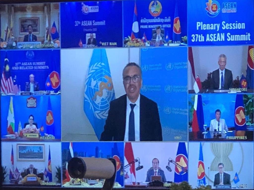 DrTedros's tweet photo. Pleased to address #ASEANSummit37 participants on the current #COVID19 situation, as the pandemic continues to accelerate, with new cases & deaths on the rise.
@ASEAN countries have shown that no country can go alone. Regional coordination & solidarity are vital. #ACTogether https://t.co/jQmwSN6u59