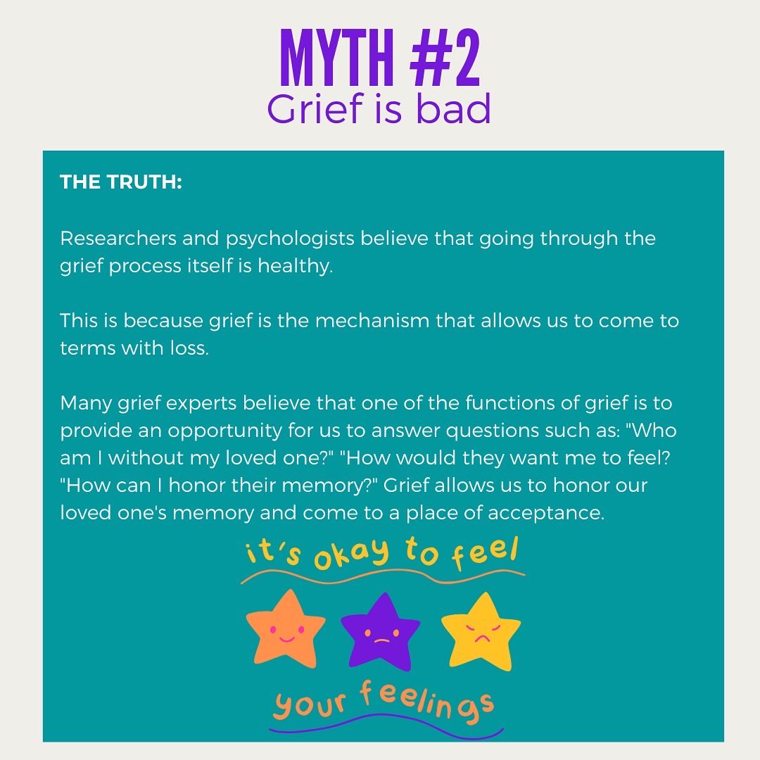 BeWellMU's tweet photo. There is a lot of misinformation about what the grieving process can look and feel like. Here are a few myths from Dr. David B. Feldman’s article on myths about grief. #copingwithgriefandloss #collegecounselingcenter #collegecounseling #studentresources #bewellmu https://t.co/8cBOaO8JGG