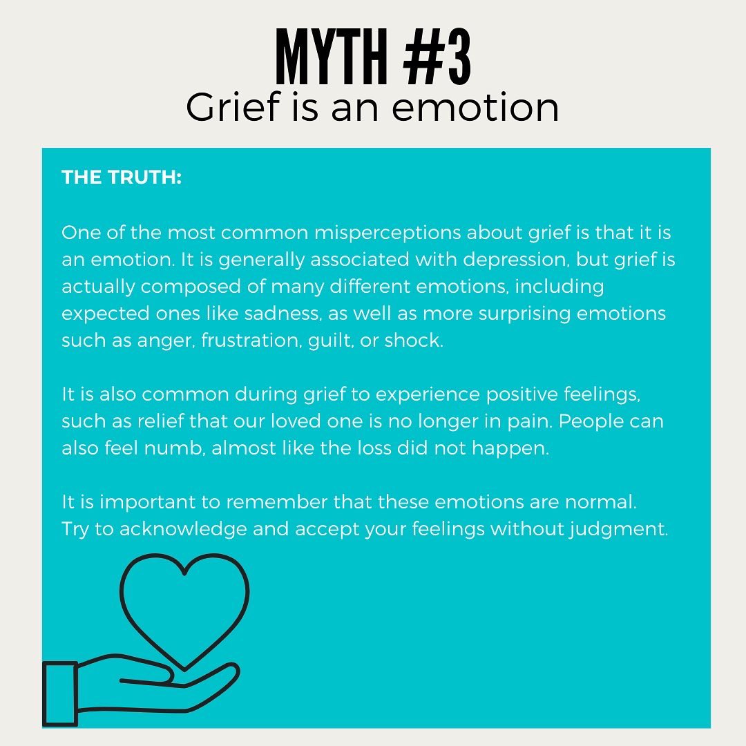 BeWellMU's tweet photo. There is a lot of misinformation about what the grieving process can look and feel like. Here are a few myths from Dr. David B. Feldman’s article on myths about grief. #copingwithgriefandloss #collegecounselingcenter #collegecounseling #studentresources #bewellmu https://t.co/8cBOaO8JGG
