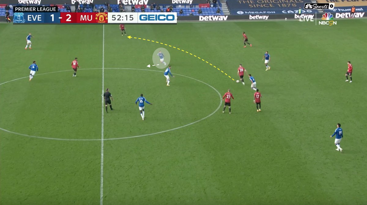 He gets the ball back with a man on his back. He has a very simple square pass to AWB that would available. It's the safe option that he almost always used to take. This time he takes an extra touch, causing the EVE MF to back up opening up a more progressive pass to Mata  #MFUC