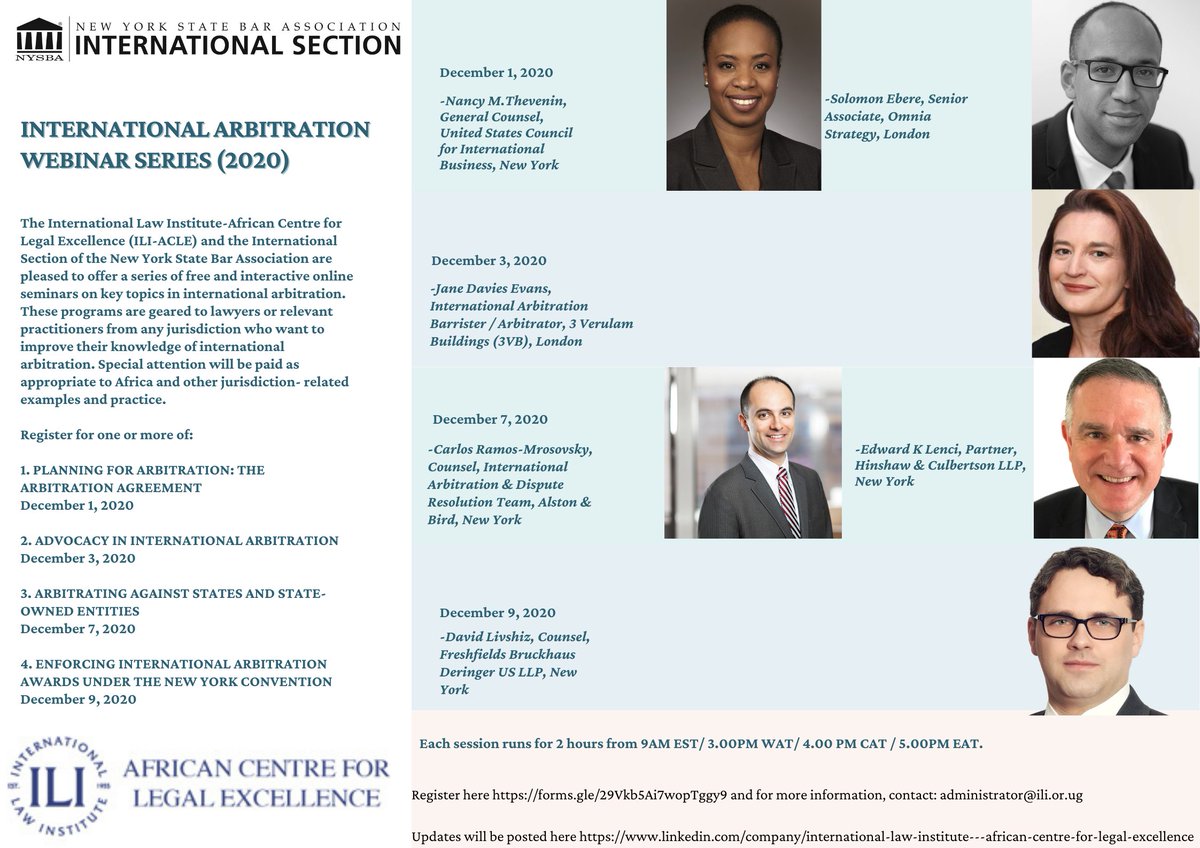 ili_acle's tweet photo. ILI-ACLE in collaboration with the International Section of the New York State Bar Association, invite you for the free Webinar handling main topics in international arbitration. Kindly register at  https://t.co/FyU24aS9Al , for inquiries: administrator@ili.or.ug https://t.co/0ltdvjf8Qe