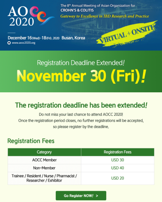 2020Aocc's tweet photo. The registration deadline has been extended to November 30! 
Do not miss your last chance to attend AOCC 2020! Once the registration period closes, no further registrations will be accepted, so please register by the deadline. https://t.co/8xhFr6mFau