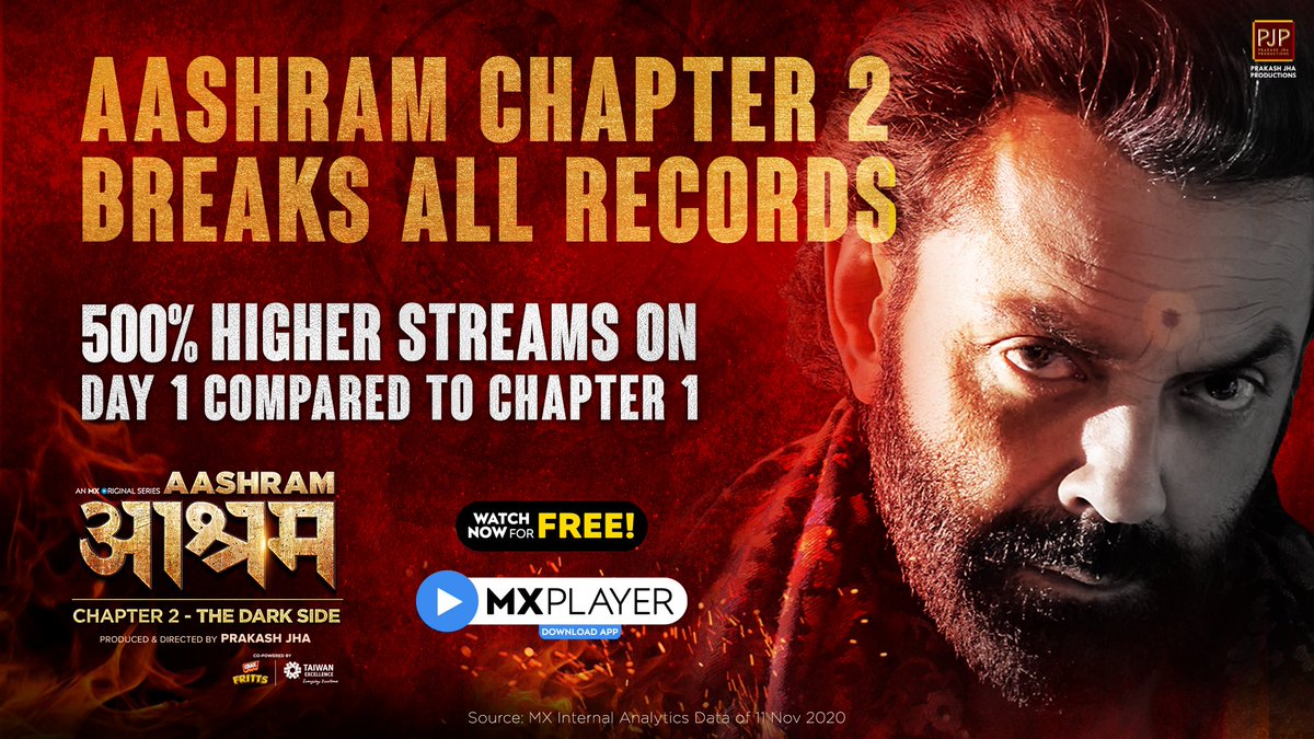 MXPlayer's tweet photo. #Aashram Chapter 1 ne paaya itna pyaar ki #AashramChapter2 ko mile ek se badhke ek yaar. 
Thank you for the 5X love 🙏 https://t.co/jsvFKRDwun