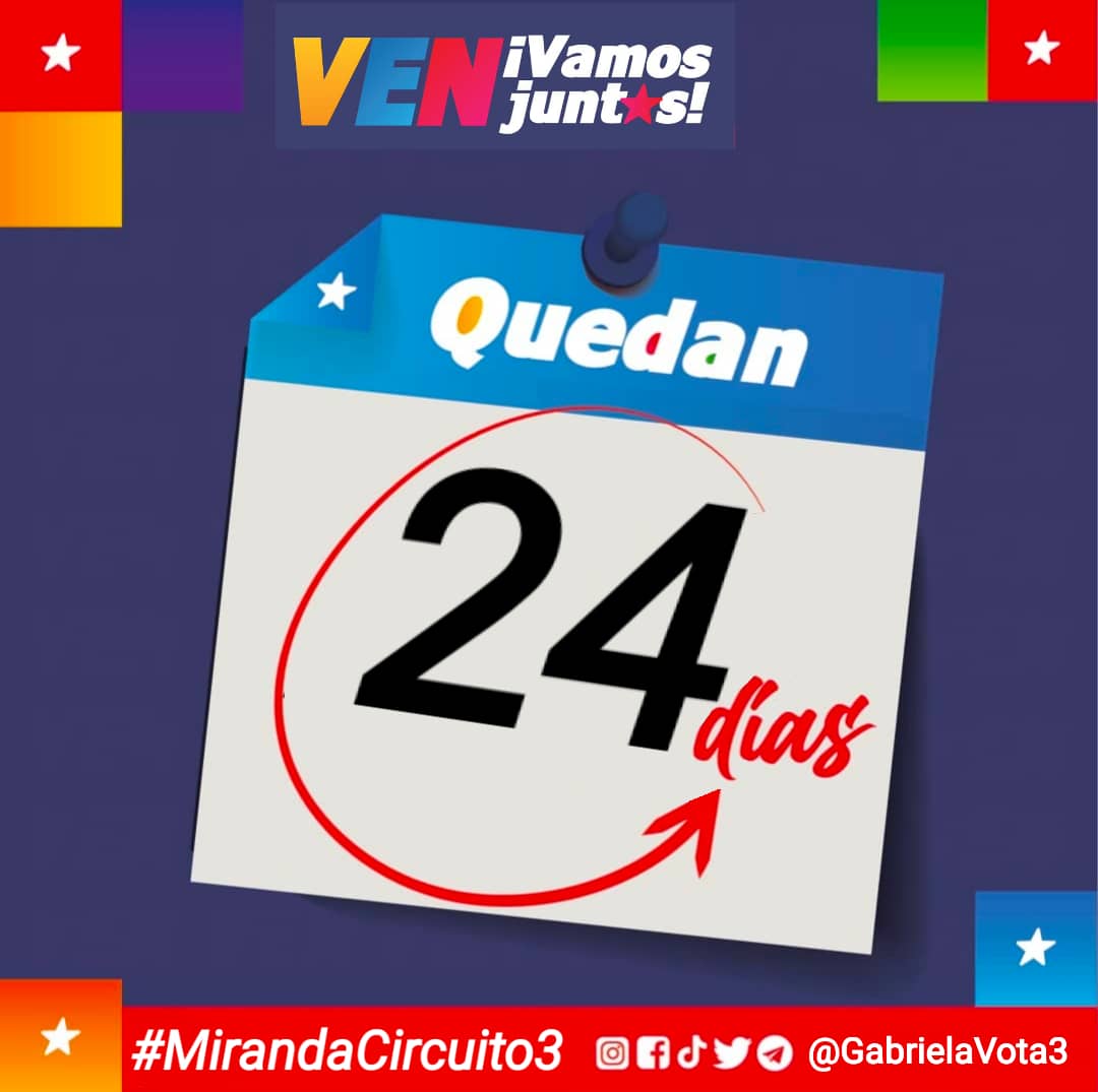 MariaAl38306469's tweet photo. Continua la cuenta regresiva ... a solo 2⃣4️⃣ Días para la fiesta electoral .@NicolasMaduro @gabrielavota3 #MirandaCircuito3 #LeerDesbloquea @jousebiod @CATULAZ @2227Ana @Missgleidy2 https://t.co/ho1lpZFkBD