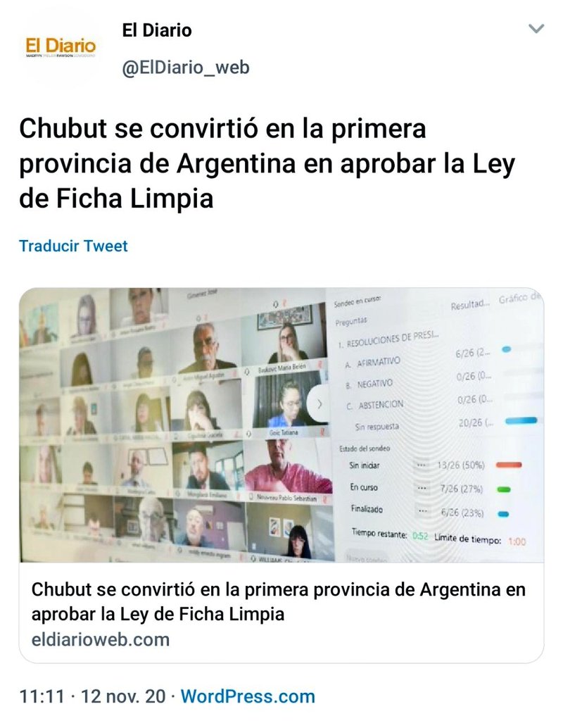 gustamenna's tweet photo. Es bueno que esta vez seamos noticia por algo para celebrar. Felicitaciones al autor del proyecto @ivantrelew, a la presidenta de Asuntos Constitucionales, @AguileraMAndrea, al vicegobernador @ric_sastre y a los diputados y diputadas que aprobaron #FichaLimpia por unanimidad. https://t.co/tgjj1hwQNJ