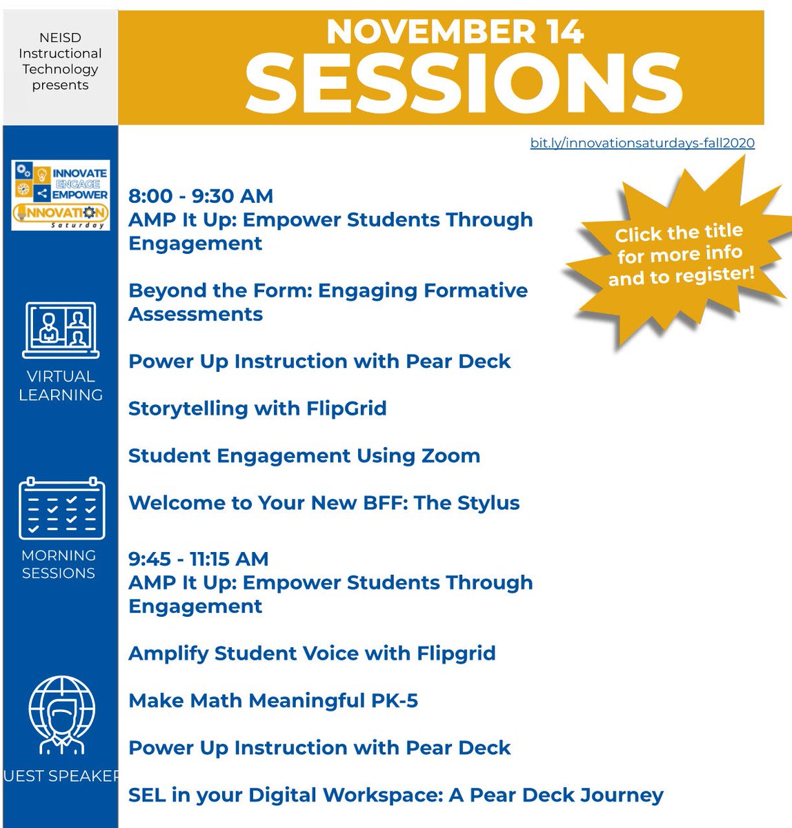 Hey <a href="/NEISD/">North East ISD</a> Teachers! Join us November 14th from 8am -11:15am for another morning filled with lots of learning. 
Check out the flyer for all the class listings and sign up on Eduphoria. Hope to see you there!

bit.ly/innovationsatu…

#NEISD #NEISDiTech #NEISDTweechers #NEISDcares