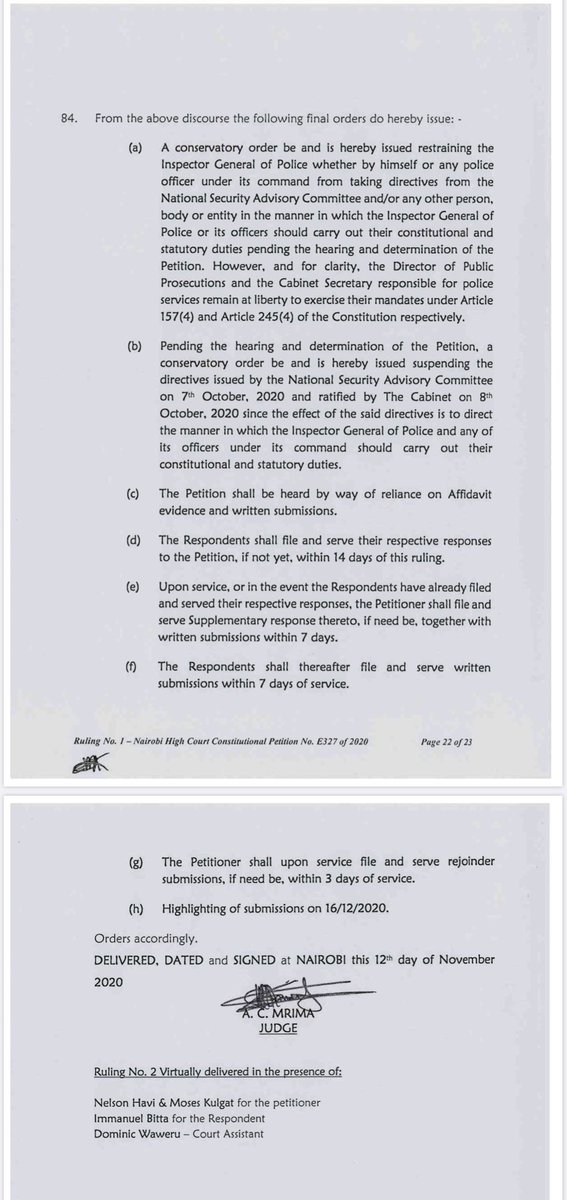 NelsonHavi's tweet photo. The High Court has restrained IG of National Police Service from acting on directions from National Security Advisory Committee or anybody. Directives against public gatherings issued on 7.10.2020 suspended pending hearing and determination of Petition. ^POLSK https://t.co/fxYoZIBNTZ
