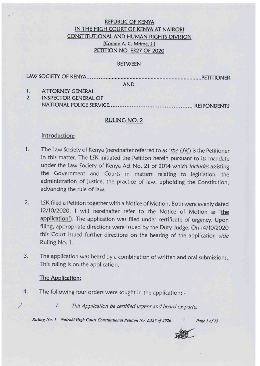 NelsonHavi's tweet photo. The High Court has restrained IG of National Police Service from acting on directions from National Security Advisory Committee or anybody. Directives against public gatherings issued on 7.10.2020 suspended pending hearing and determination of Petition. ^POLSK https://t.co/fxYoZIBNTZ