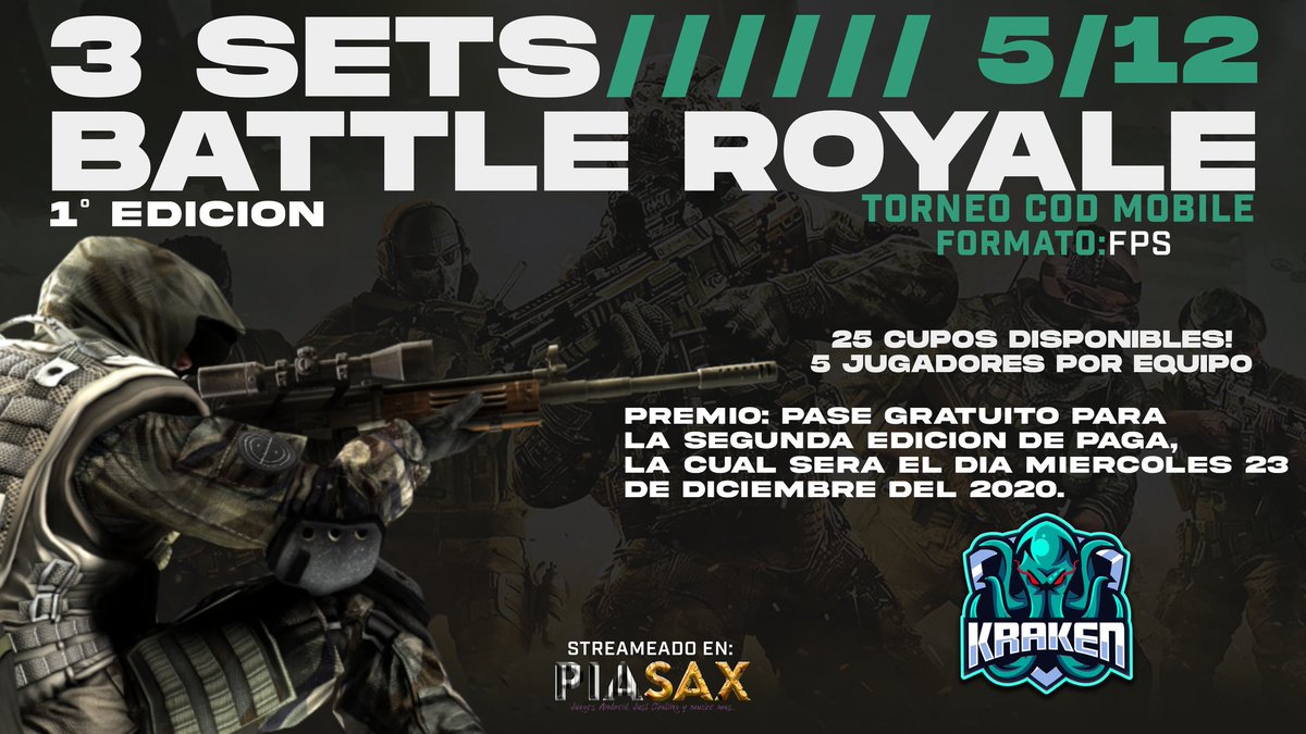 Inscripción:

Que cada miembro de la escuadra o de los 5 jugadores posibles cumplan estos requisitos:

🔰Seguirnos
🔰Seguir la cuenta de Instagram @piasax_ 
🔰Dar Rt
🔰Seguir el canal Piasax_ en Twitch
🔰Etiquetar a 4 amigos o equipos

Pruebas al privado
#torneos #CoDMobile