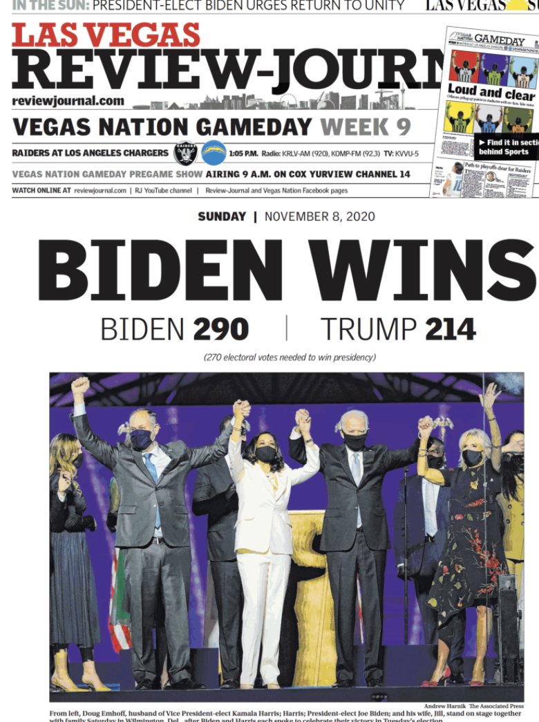 First Sheldon Adelson's paper had that huge "Biden Wins" headline. Today, it has a brutal editorial telling Trump he lost:"(Trump) does a disservice to his more rabid supporters by insisting that he would have won the Nov. 3 election absent voter fraud. That’s simply false."1/