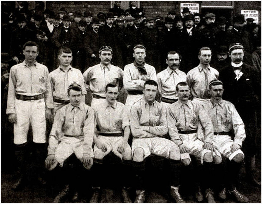 Ireland v England in Belfast, 5th March, 1898.
Back row, L-R: Gibson, Torrans, Scott, Milne, Cochrane, Anderson, Front row, L-R: McAllen, Peden, Pyper, Campbell, (captain), Mercer.
#GAWA