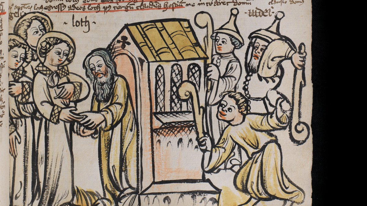 [TW: anti-Semitism]This example is really striking, because of their, erm, suggestive staff weapons, and their hats, which are the stereotypical "Jewish hats" used to portray Jewish characters in Christian art. (Basel, Universitätsbibliothek, MS A II 1, f. 47r)