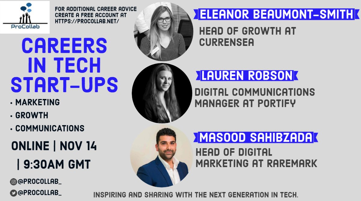 ProCollab_'s tweet image. We are looking forward to our &quot;Careers in Tech Start-up&quot; as our guest speakers will be providing valuable insight into marketing, growth and communications. For future events be sure to follow this page! #networking #tech #ThursdayMotivation #career #graduate #job