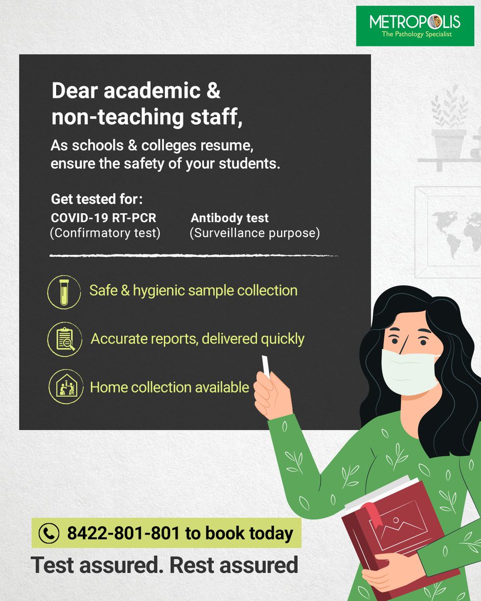 MetropolisLab's tweet photo. With schools and colleges set to start again, get back to teaching with utmost safety. Take the COVID-19 RT PCR test or the Antibody test. To book a test, call 8422-801-801 or visit https://t.co/9KXsWNP2YD
#Metropolislabs #COVID19 #Pathalogy #Innerhealth https://t.co/bWfRDYK6mG