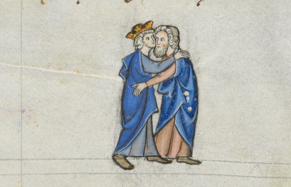 Ultimately, I think the possibility of queer desire exists in a wider amount of medieval images than we usually assume. If we take medieval artists at their word, embraces & kisses like this could indicate same-sex desire. (Lausanne, Bibliothèque, MS U 964, f. 104v)