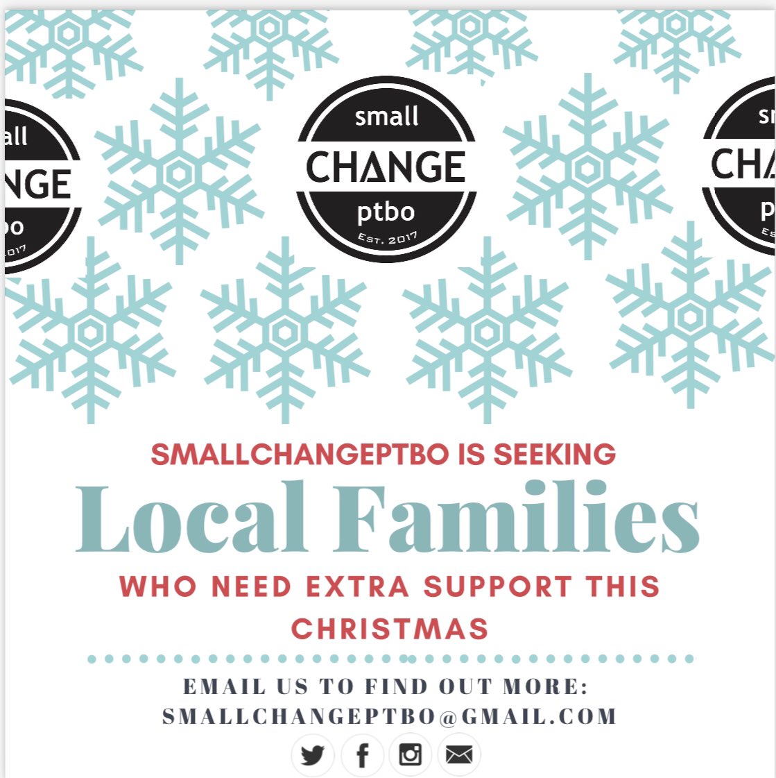 smallchangeptbo's tweet photo. As Christmas approaches, SmallChangePtbo wants to help local families! 

Send us an email smallchangeptbo@gmail.com 

Locals! We’d love a share to help spread the message!

@PtboExaminer @PtboPolice @PtboThisWeek @NCC_Ptbo @PtboFHT https://t.co/f8APiz5Nhp