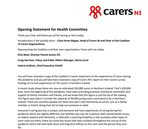 CarersNI's tweet photo. "Government must prioritise carers in its plans, carry out an urgent review of breaks’ services and ensure that wider social care services have enough funding to manage over winter."

Read our full opening statement of  evidence to the @niahealth: https://t.co/BPdfKvwP8H https://t.co/e2U0dqAvDv