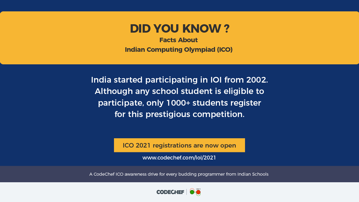 codechef's tweet photo. Register for ICO 2021 here, https://t.co/8LZGrqaogC, and get your friends too. Let’s make it best this year. Let’s bring home the gold.
#GoForGold #CodeChef #programming #CodeChefForSchools https://t.co/EW2BwYT94Z
