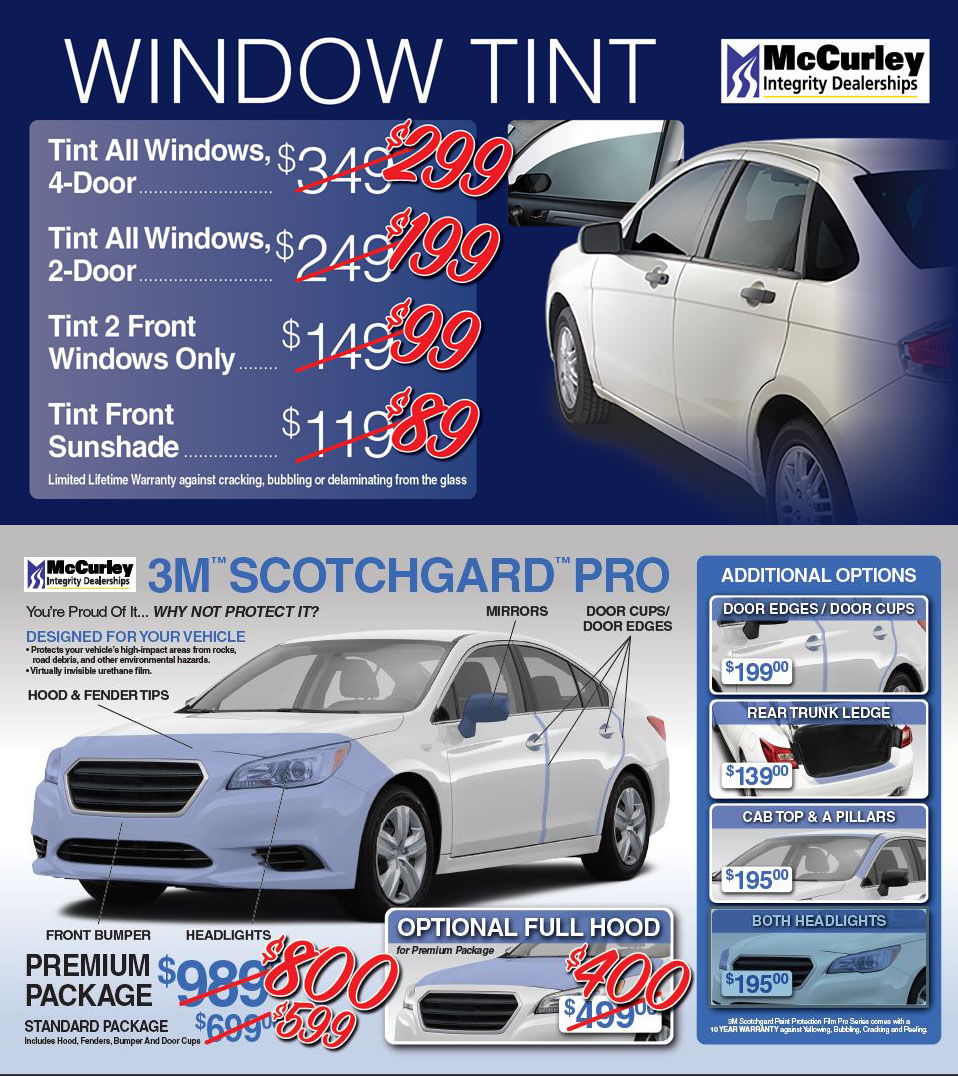 November Window Tint or Paint Protection Special! Save up to $50 on Window Tint or up to $189 Paint Protection services. These limited-time offers expire 11/30/20. See images for pricing and details. Call now for questions and to schedule.