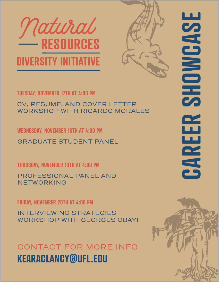 UFWildlife's tweet photo. .@NRDI_UF is holding their Fall 2020 Careers in Conservation Digital Career Showcase next week! This event is designed for UF undergraduates in natural resources majors -- so mark your calendars!
#UFwildlife #NRDI #wildlife #ecology #naturalresources #UFIFAS https://t.co/UIBkStxTvV