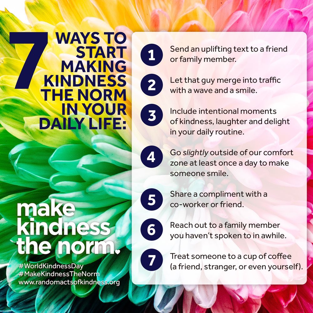 WrightAdvocate's tweet photo. TOMORROW is World Kindness Day...

For myself, random acts of kindness get me through the day. 

I start my 13 hour work days with a smile and try to give a smile to every person I have an encounter with. 

Something as simple as smiling goes a long way! 

#SUsocialwork https://t.co/DW6D8n5CdE