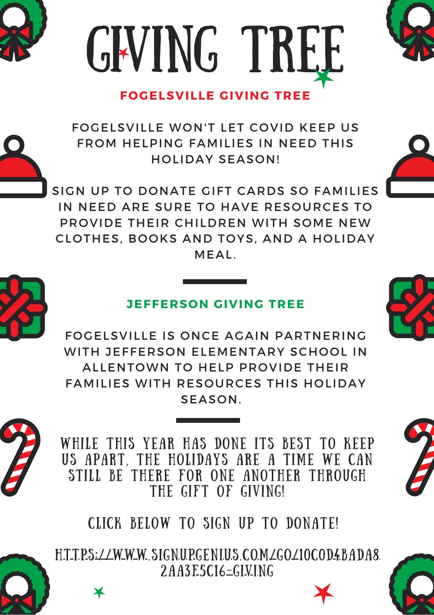 Fogelsville's giving tree program may look different this year, but we can still be there for one another through the gift of giving!  See the flyer for more details and click the link below to donate to Fogelsville families in need this holiday season!🎄
signupgenius.com/go/10C0D4BADA8…