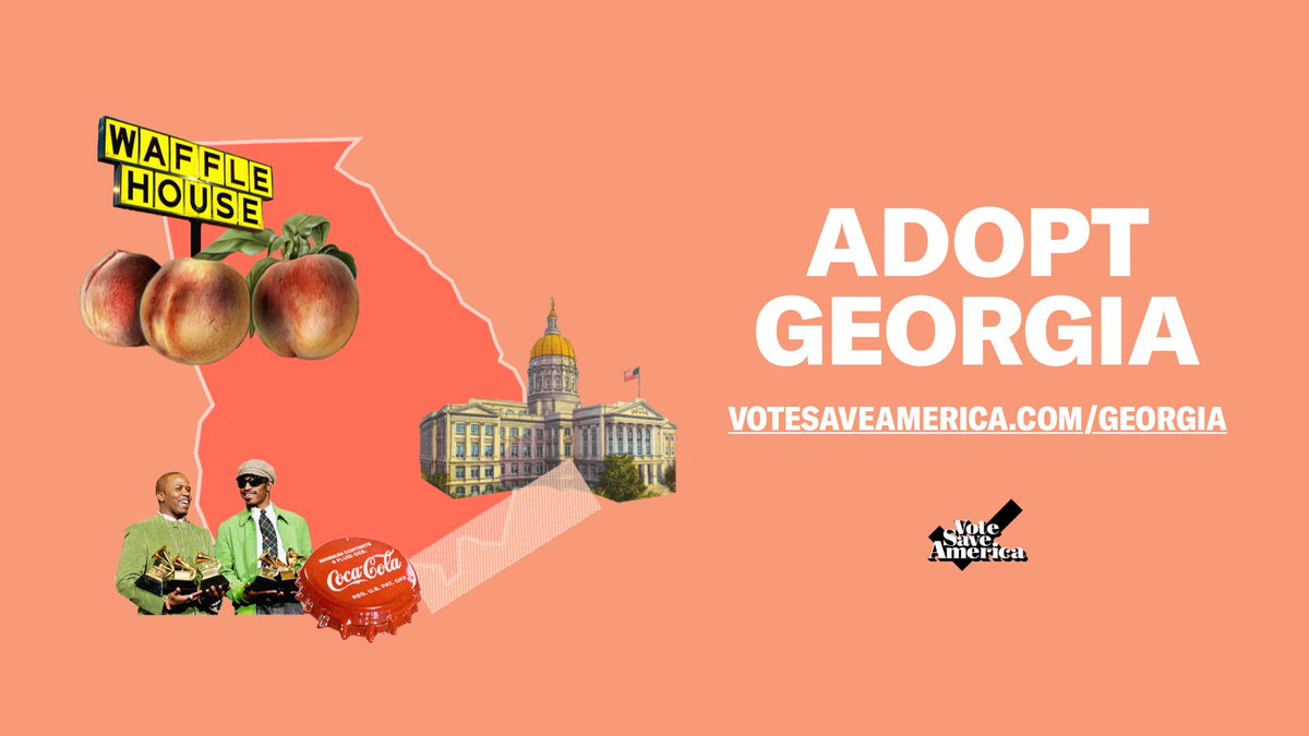 🍑🍑🍑🍑🍑⁣Adopt A State: Georgia is here! ⁣🍑🍑🍑🍑🍑⁣
⁣⁣
We have 54 days till two very competitive Senate runoffs on January 5th that will determine control of the Senate. ⁣
⁣
Let’s win another one: votesaveamerica.com/georgia