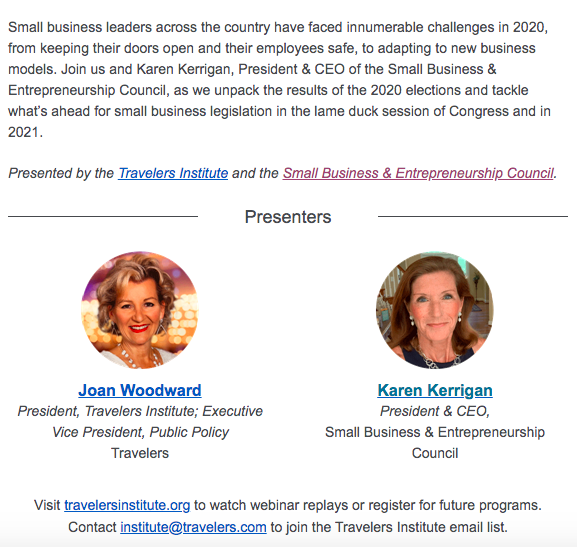 Don't miss this upcoming webinar on Nov 18: #SmallBiz America - Where Do We Go From Here? SBE Council's <a href="/KarenKerrigan/">Karen Kerrigan</a> reviews the outlook for small biz relief during the lame duck Congress, and how a Biden Admin. will impact policy in 2021. Register here: travelers.zoom.us/webinar/regist…