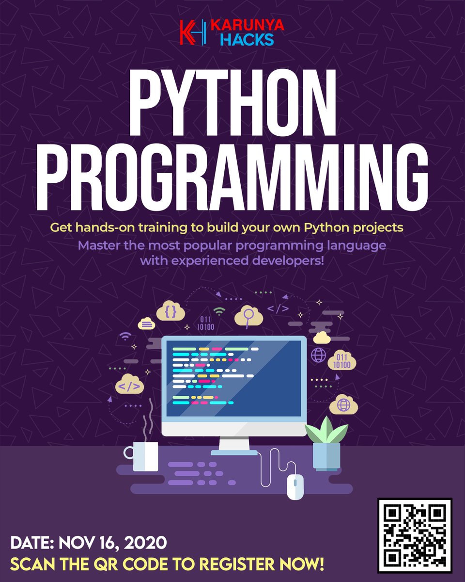 KarunyaHacks's tweet photo. We invite you to embark on your programming adventures with #Python.

Learn how to build projects based on Python program with the experienced developers @KarunyaHacks.
Scan the QR code to register now.

#karunyahacks #karunyakreatives #karunyauniv #pythonprogramming #code https://t.co/FioEpojDOT