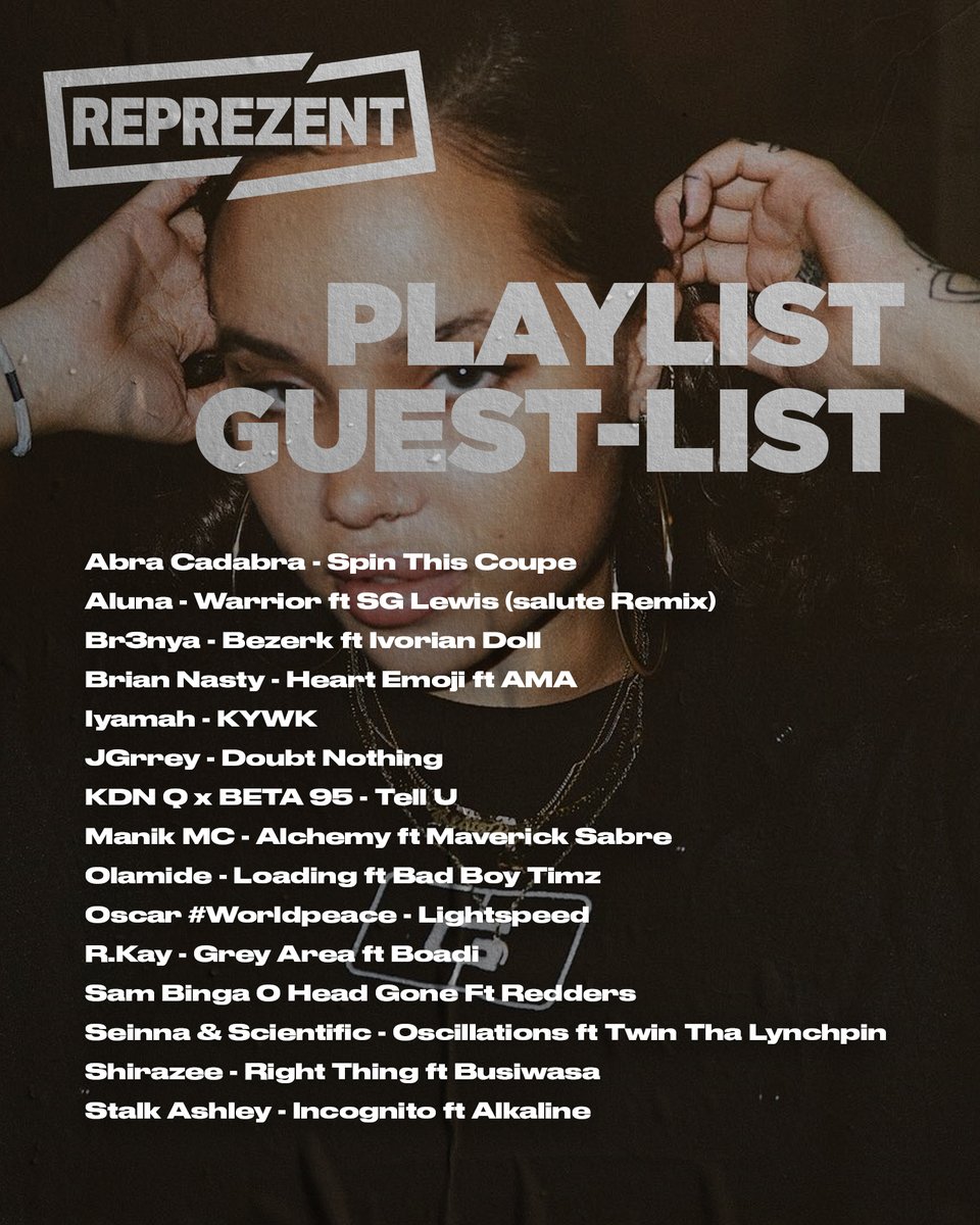 ReprezentRadio's tweet photo. 🚨PLAYLIST UPDATE 🚨

GUEST-LIST

NEW ADDITIONS
@abznoproblem17 
@livingmabest 
@nastybrian
@worldpeaceoscar
@Br3nya 
@ProdScientific @ScientificMusic 
@JGrrey13 
@SamBingaMusic 
@alunaaa @SGLewis_ 
@iyamah_artist
&amp; More.

📻 107.3FM
📡 DAB
🌍 https://t.co/2wX5f6Frpw https://t.co/zPj8XUrrCm