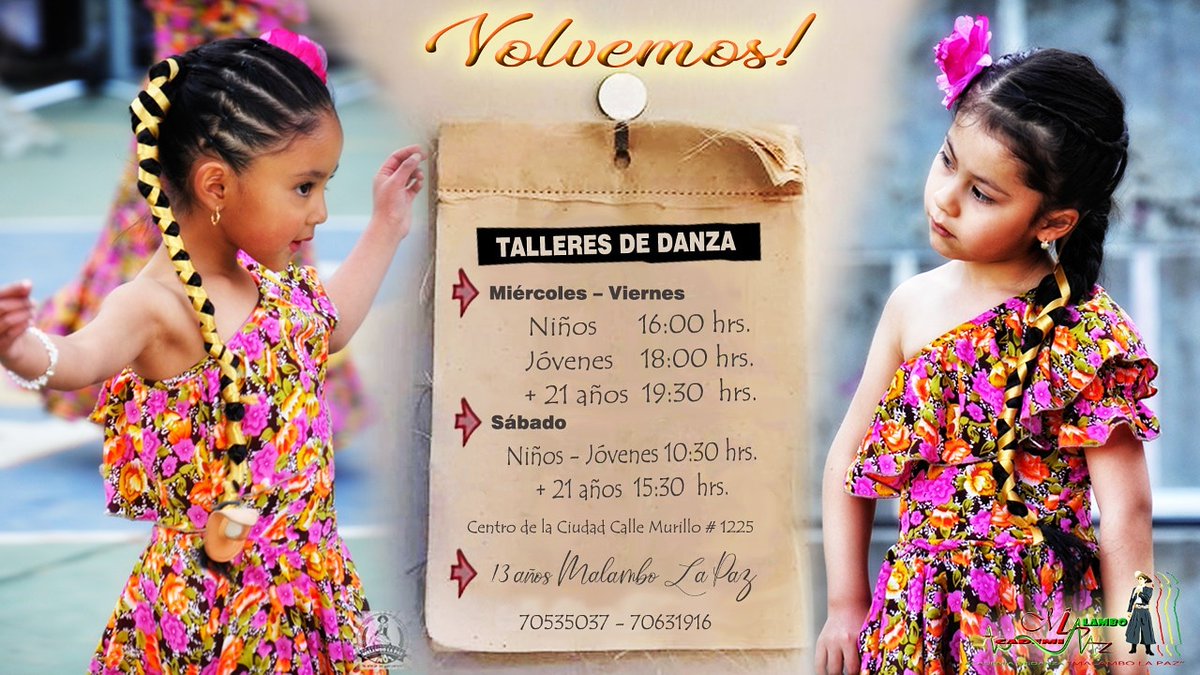 MalamboMLP's tweet photo. Volvemos‼️
Reserva tu espacio para los talleres de Danza! Niños, jóvenes y adultos 
Cupos limitados 💃🕺
Informes e Inscripciones 70535037 - 70631916
#MalamboLaPaz #SerYNoParecer #Danza #Folklore #Chaco  #Bolivia #Dance https://t.co/OgsdaE557o