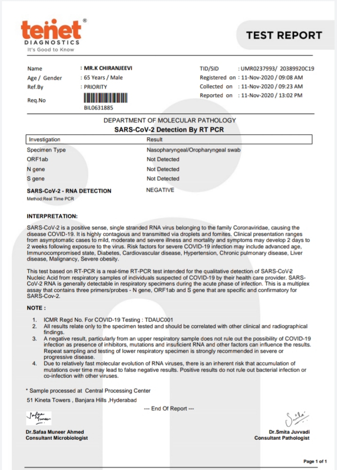 KChiruTweets's tweet photo. A group of doctors did three different tests and concluded that I am Covid negative &amp; that the earlier result was due to a faulty RT PCR kit. My heartfelt thanks for the concern, love shown by all of you during this time. Humbled ! 🙏❤️ https://t.co/v8dwFvzznw
