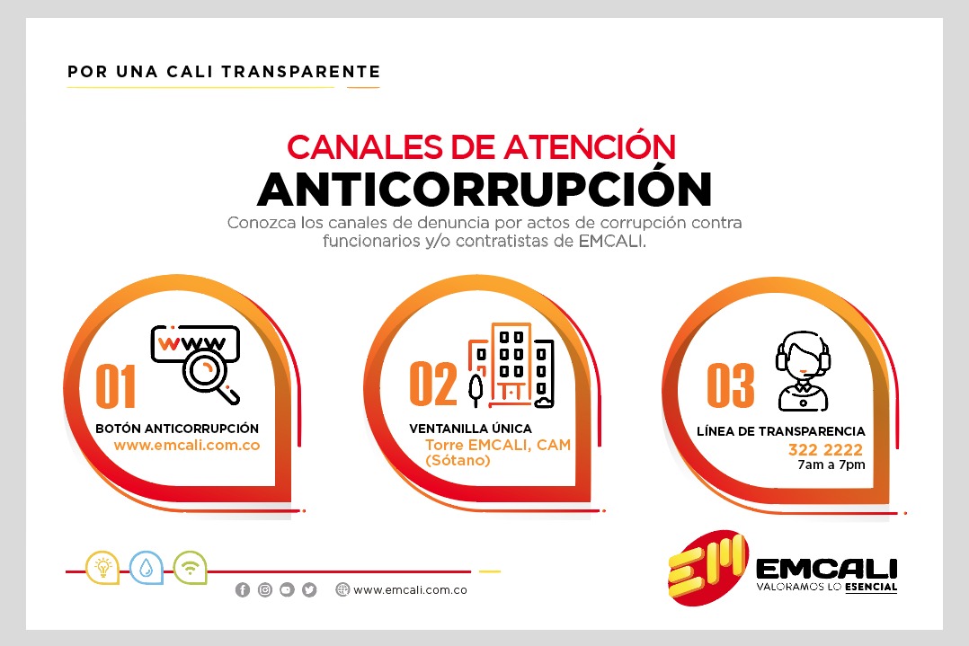 EMCALIoficial's tweet photo. 🔍Estos son los canales de denuncia por actos de corrupción contra funcionarios y/o contratistas de Emcali.
#EmcaliTransparente https://t.co/poKa4nFm0h