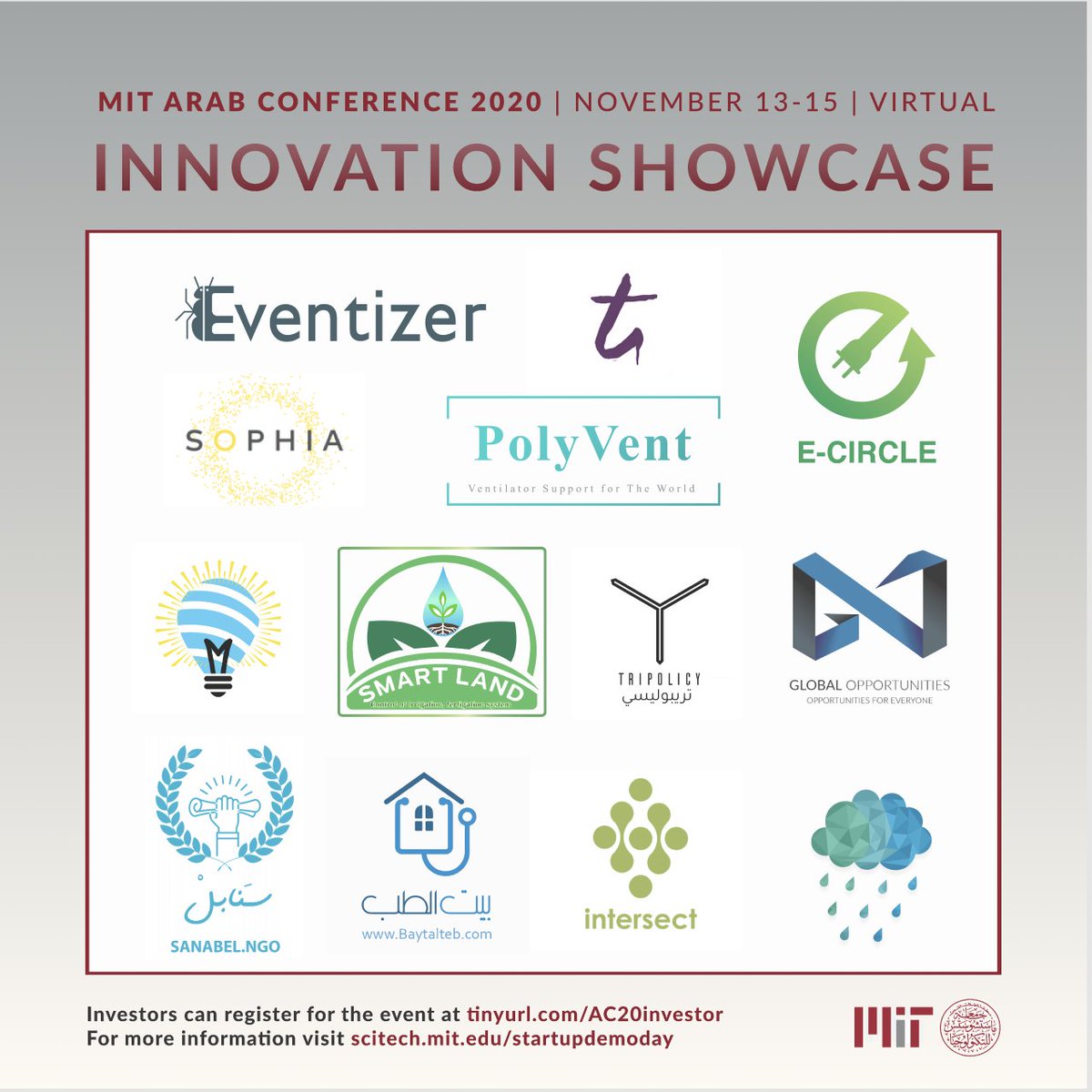 MITarabconf's tweet photo. Don't miss the innovation showcase and startup demo day starting tomorrow! 

Investor registration: https://t.co/7spKxd9gWR
General registration: https://t.co/nqjY15Rilf https://t.co/V4raXyf8Lm