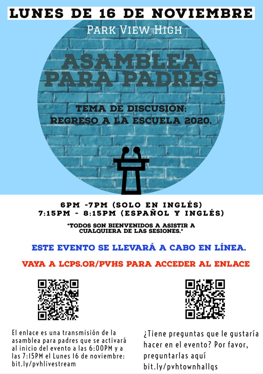 Hybrid Learning will begin on January 21. To help decide if you would like to select in-person or continue distance learning, <a href="/Park_View_HS/">PVHS</a> is hosting a Virtual Town Hall on Monday, November 16th at 6:00pm (English only) and 7:15pm (English+Spanish).