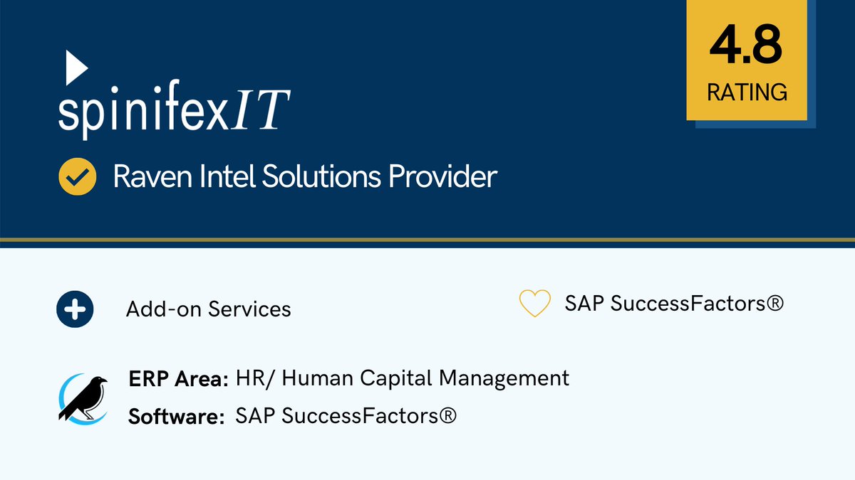 SpinifexIT's tweet photo. SpinifexIT joins Raven Intel as its newest preferred Solutions Provider for SAP &amp; SAP #SuccessFactors!

Check us out here: https://t.co/gqI97YQNyR

#RavenIntel https://t.co/Kb3MCTSVRA