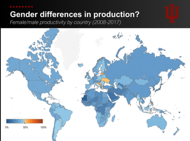 Wow. Women are only dominant in science in countries that have had brain drain. “It’s a blue, blue world” says <a href="/csugimoto/">Cassidy R. Sugimoto</a> #UKSGNov “Women are underrepresented across all fields apart from e.g. care-related disciplines, or those held in lower academic regard."