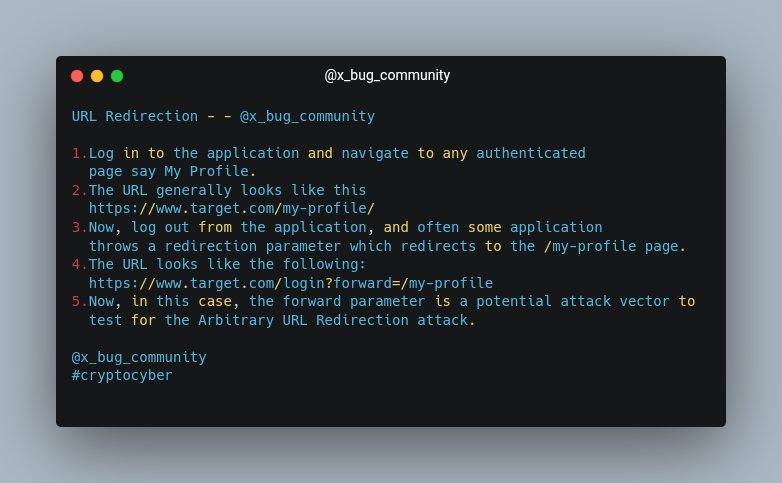 X0rby7ee's tweet photo. URL Redirection
Credit @harshbothra_
#cryptocyber #bugbountytips https://t.co/ASO6EuK5wZ