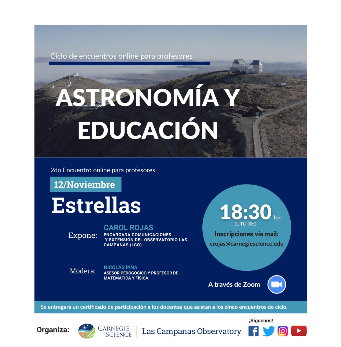 LCOAstro's tweet photo. Hoy, a las 18:30 hrs, realizaremos el segundo encuentro online y gratuito sobre Astronomía y Educación. Si eres profesor/a de ciencias, quieres iniciar un taller de Astronomía o estás interesado/a en estos temas, ¡te esperamos! Aún puedes inscribirte a crojas@carnegiescience.edu https://t.co/bl7aIarXtF