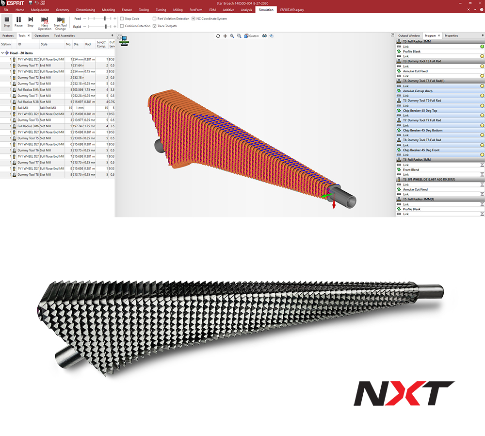 StarCutterCo's tweet photo. The flexibility of an @ESPRITCAM CAD/CAM package combined with the NXT allows for the grinding of various teeth patterns, chip breakers, and other freeform shapes. Interested in learning more or setting up a demo? Contact us today. (2/2) #starnxt #toolgrinding https://t.co/RQHBs3xtxu